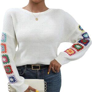 Ivory multi crochet knit Granny Sleeve crew neck boho bohemian chic sweater